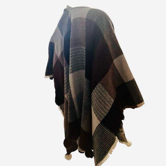 Plaid Knit Poncho Sweater Black Brown Cream Gray by LOFT OS - Picture 4 of 7